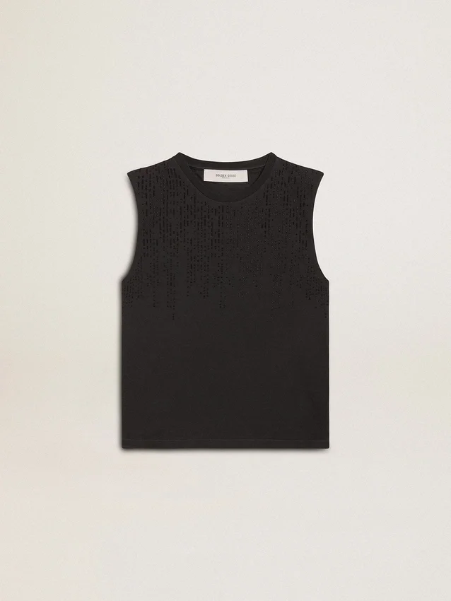Αμάνικο T-shirt σε φθαρμένο μαύρο χρώμα με κεντήματα σε αποχρώσεις του ίδιου χρώματος