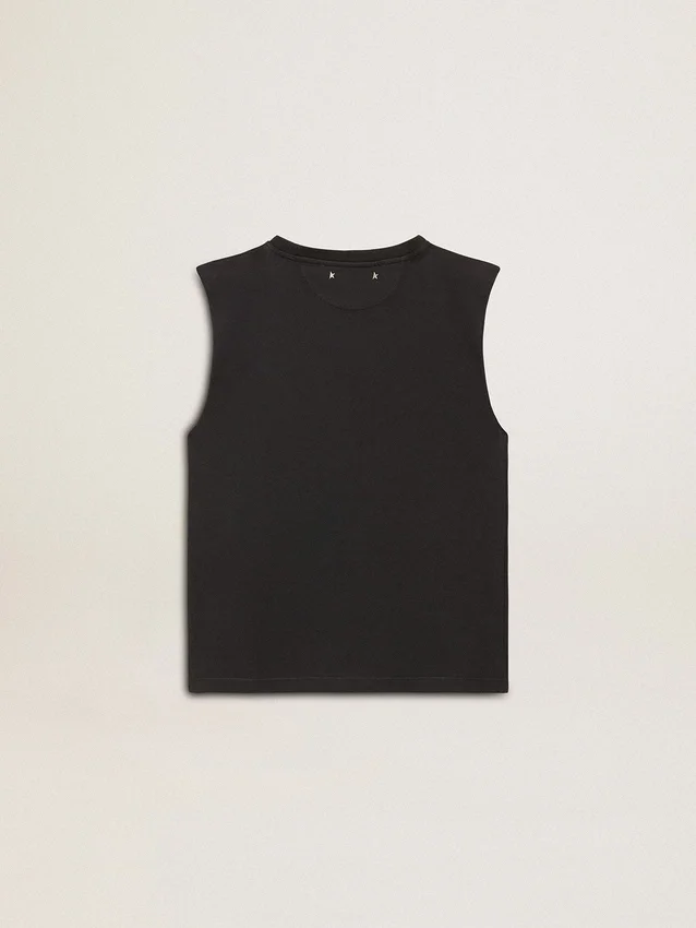 Αμάνικο T-shirt σε φθαρμένο μαύρο χρώμα με κεντήματα σε αποχρώσεις του ίδιου χρώματος