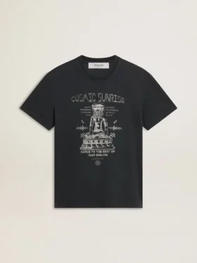 Ανδρικό φθαρμένο μαύρο βαμβακερό T-shirt με τύπωμα στο μπροστινό μέρος