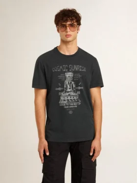 Ανδρικό φθαρμένο μαύρο βαμβακερό T-shirt με τύπωμα στο μπροστινό μέρος