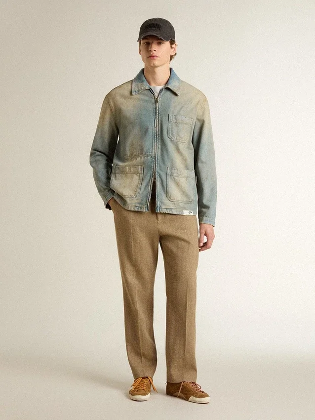 Ανδρικό λευκό βαμβακερό πουκάμισο με πράσινη εκτύπωση