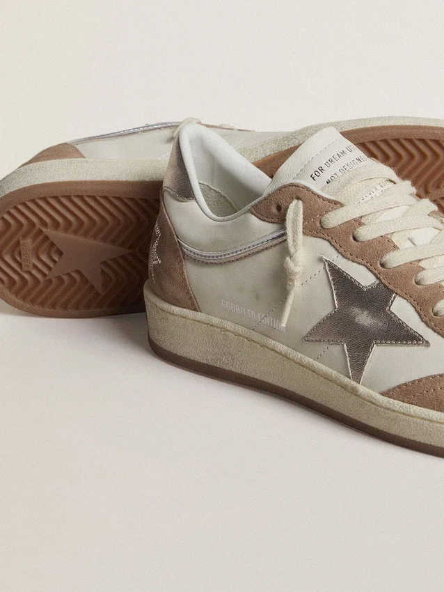 Ball Star LTD σε λευκό δέρμα νάπα και σουέτ παλαιού ροζ χρώματος με μεταλλικό ασημένιο δερμάτινο αστέρι και λουράκι στη φτέρνα