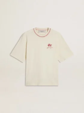 CNY φθαρμένο λευκό αμάνικο T-shirt με κόκκινο κέντημα