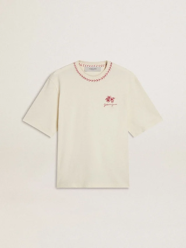 CNY φθαρμένο λευκό αμάνικο T-shirt με κόκκινο κέντημα