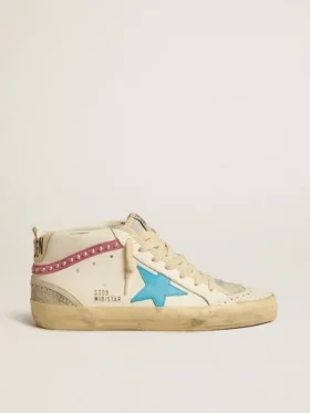 Γυναικεία Mid Star από δέρμα με γαλάζιο αστέρι και φούξια σουέτ λεπτομέρεια με πλατινένια καρφιά