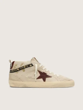 Γυναικεία Mid Star από σουέτ σε χρώμα μαργαριταριού με δερμάτινο αστέρι σε μπορντό και ένθετα από μαργαριτάρια και κεντήματα
