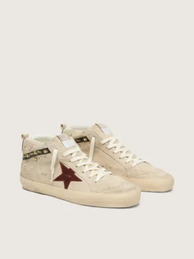 Γυναικεία Mid Star από σουέτ σε χρώμα μαργαριταριού με δερμάτινο αστέρι σε μπορντό και ένθετα από μαργαριτάρια και κεντήματα