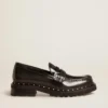 Γυναικεία μοκασίνια τύπου loafers με χοντρό τακούνι από μαύρο δέρμα με καρφιά