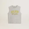 Γυναικείο γκρι αμάνικο T-shirt με κίτρινη εκτύπωση