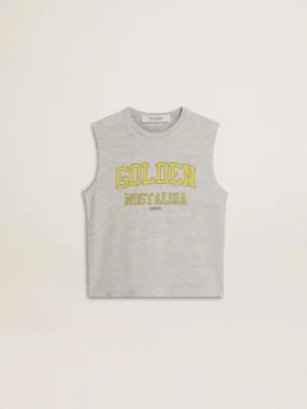 Γυναικείο γκρι αμάνικο T-shirt με κίτρινη εκτύπωση