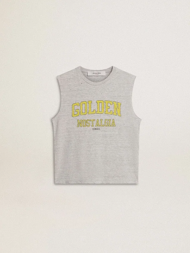 Γυναικείο γκρι αμάνικο T-shirt με κίτρινη εκτύπωση
