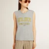 Γυναικείο γκρι αμάνικο T-shirt με κίτρινη εκτύπωση