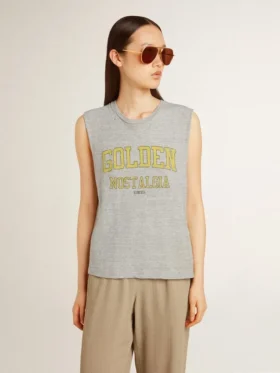 Γυναικείο γκρι αμάνικο T-shirt με κίτρινη εκτύπωση