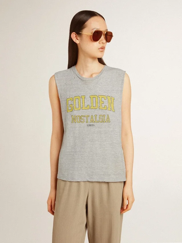 Γυναικείο γκρι αμάνικο T-shirt με κίτρινη εκτύπωση