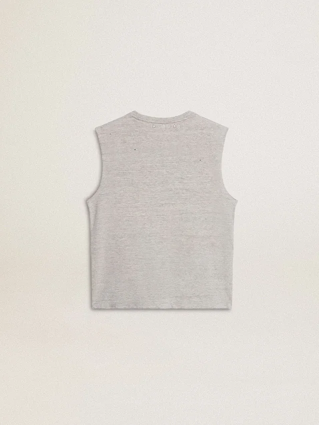 Γυναικείο γκρι αμάνικο T-shirt με κίτρινη εκτύπωση