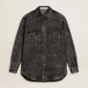Γυναικείο μαύρο τζιν πουκάμισο με floral μοτίβο ton sur ton