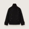 Γυναικείο μπουφάν oversized από μαύρο βαμβακερό twill με κεντημένο μοτίβο λουλουδιών από πούλιες