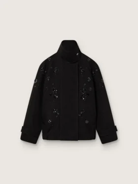Γυναικείο μπουφάν oversized από μαύρο βαμβακερό twill με κεντημένο μοτίβο λουλουδιών από πούλιες