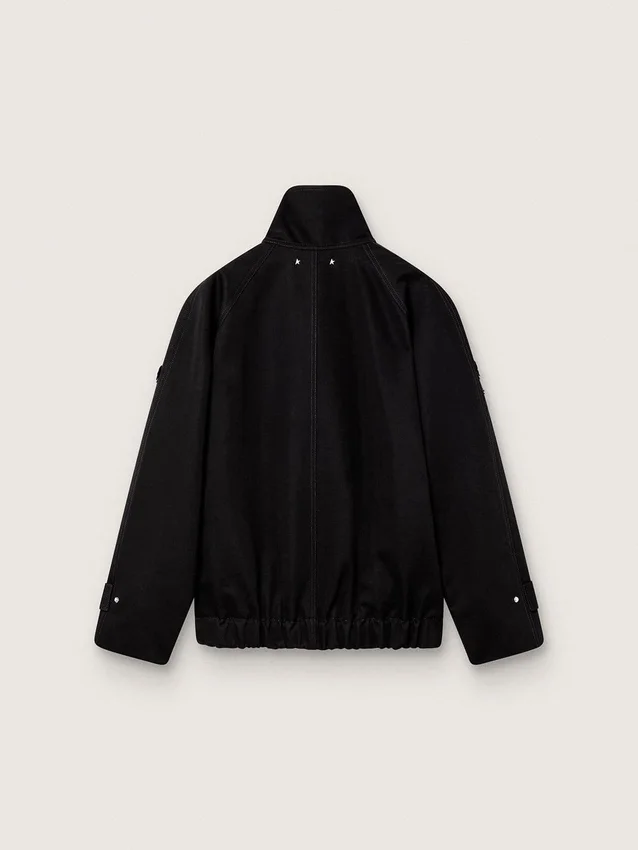 Γυναικείο μπουφάν oversized από μαύρο βαμβακερό twill με κεντημένο μοτίβο λουλουδιών από πούλιες