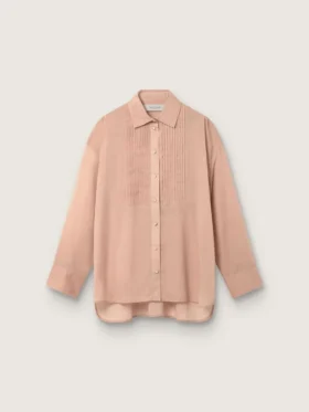 Γυναικείο oversized πουκάμισο από βαμβακερό βουάλ σε κοραλλί χρώμα με πλισέ λεπτομέρειες
