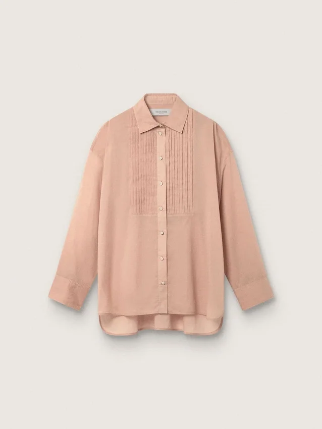 Γυναικείο oversized πουκάμισο από βαμβακερό βουάλ σε κοραλλί χρώμα με πλισέ λεπτομέρειες