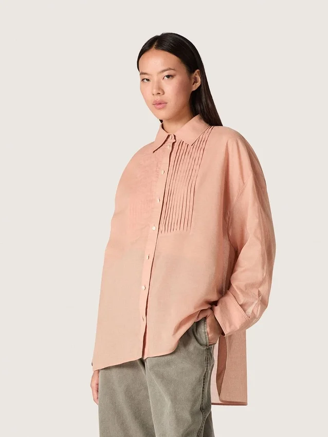 Γυναικείο oversized πουκάμισο από βαμβακερό βουάλ σε κοραλλί χρώμα με πλισέ λεπτομέρειες