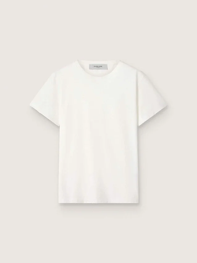 Γυναικείο T-shirt λευκού χρώματος με φθαρμένη εμφάνιση και στενή εφαρμογή
