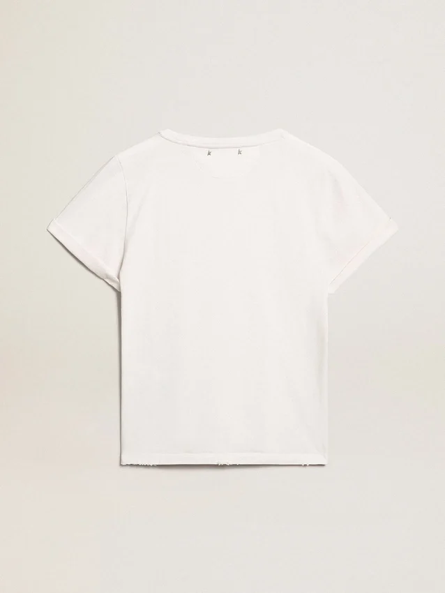 Γυναικείο T-shirt λευκού χρώματος με φθαρμένη εμφάνιση και στενή εφαρμογή