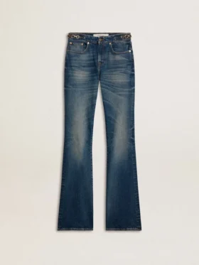Γυναικείο τζιν με bootcut γραμμή, vintage πλύση και μεταλλικές λεπτομέρειες