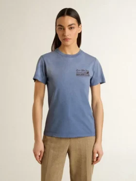 Γυναικείο ξεθωριασμένο ανοιχτό μπλε T-shirt με τύπωμα στο στήθος