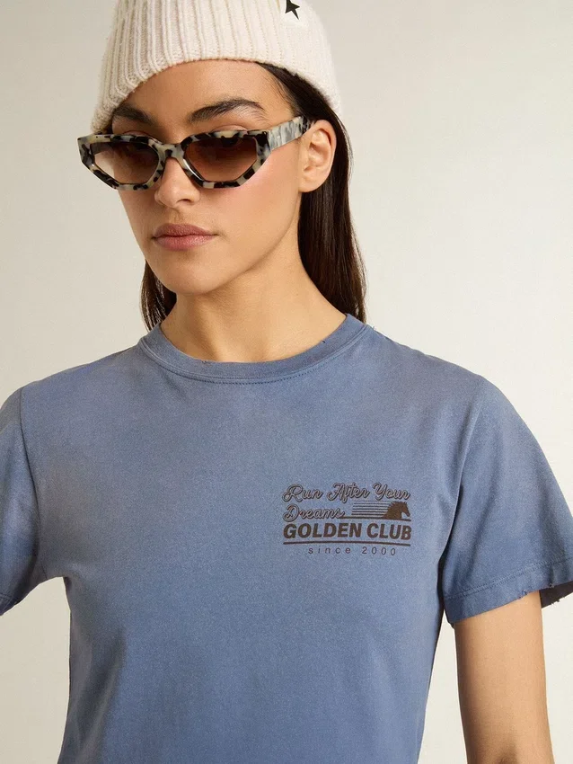 Γυναικείο ξεθωριασμένο ανοιχτό μπλε T-shirt με τύπωμα στο στήθος