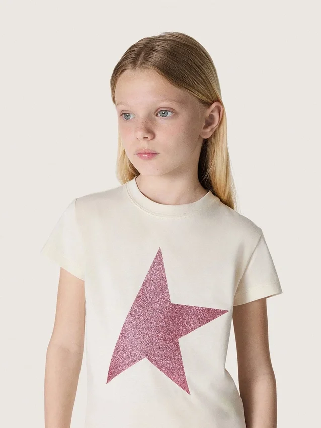 Παιδικό κορίτσιας ηλικίας πουκάμισο «Star» από λευκό βαμβακερό τζέρσεϊ με ροζ αστέρι με γκλίτερ