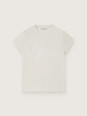 Παιδικό T-shirt «Journey» για κορίτσια από λευκό βαμβακερό τζέρσεϊ με ασημένια καρφιά