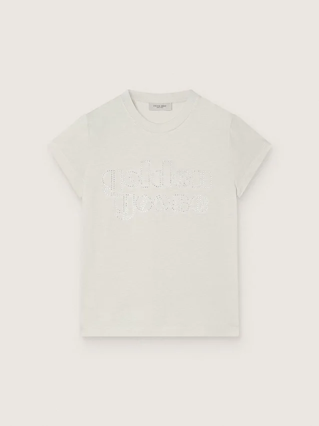 Παιδικό T-shirt «Journey» για κορίτσια από λευκό βαμβακερό τζέρσεϊ με ασημένια καρφιά