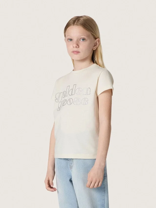 Παιδικό T-shirt «Journey» για κορίτσια από λευκό βαμβακερό τζέρσεϊ με ασημένια καρφιά
