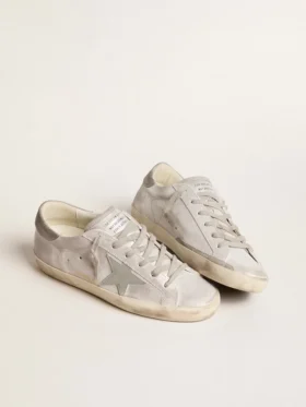 Sneakers Super-Star από δέρμα με γκρι-λευκό εφέ γκλίτερ και δερμάτινο αστέρι