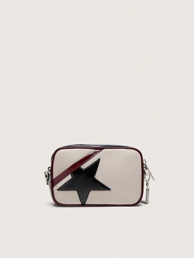 Star Bag από δέρμα σε χρώμα βουτύρου-λευκό με μαύρο αστέρι και λεπτομέρειες σε μπορντό και σκούρο μπλε