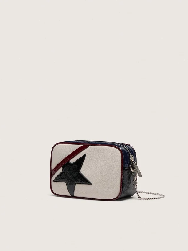 Star Bag από δέρμα σε χρώμα βουτύρου-λευκό με μαύρο αστέρι και λεπτομέρειες σε μπορντό και σκούρο μπλε