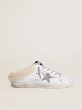 Super-Star Sabot από λευκό δέρμα με επένδυση από shearling και ασημένιο αστέρι