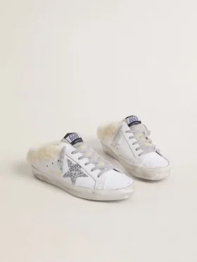 Super-Star Sabot από λευκό δέρμα με επένδυση από shearling και ασημένιο αστέρι
