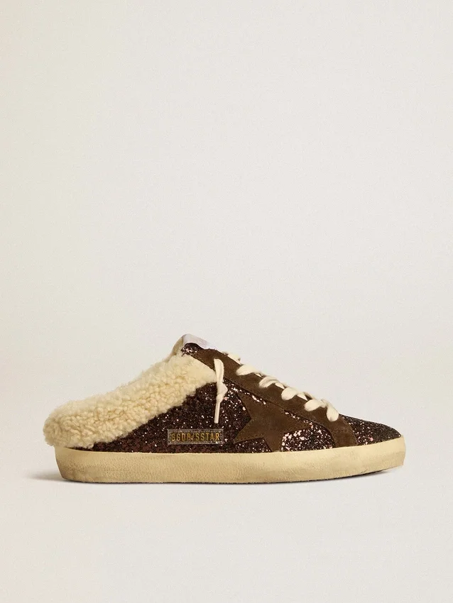 Super-Star Sabot με γκλίτερ, καφέ αστέρι και επένδυση από shearling