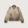 Unisex μπουφάν τύπου bomber από πράσινο σατέν με ραβδωτά τελειώματα και γιακά
