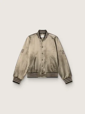Unisex μπουφάν τύπου bomber από πράσινο σατέν με ραβδωτά τελειώματα και γιακά