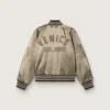 Unisex μπουφάν τύπου bomber από πράσινο σατέν με ραβδωτά τελειώματα και γιακά