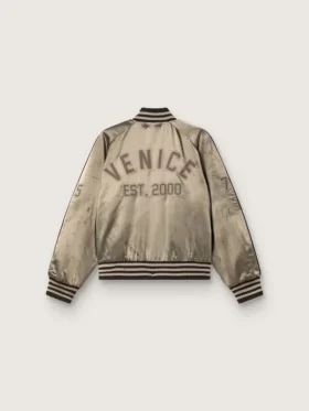 Unisex μπουφάν τύπου bomber από πράσινο σατέν με ραβδωτά τελειώματα και γιακά