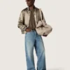 Unisex μπουφάν τύπου bomber από πράσινο σατέν με ραβδωτά τελειώματα και γιακά