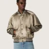 Unisex μπουφάν τύπου bomber από πράσινο σατέν με ραβδωτά τελειώματα και γιακά