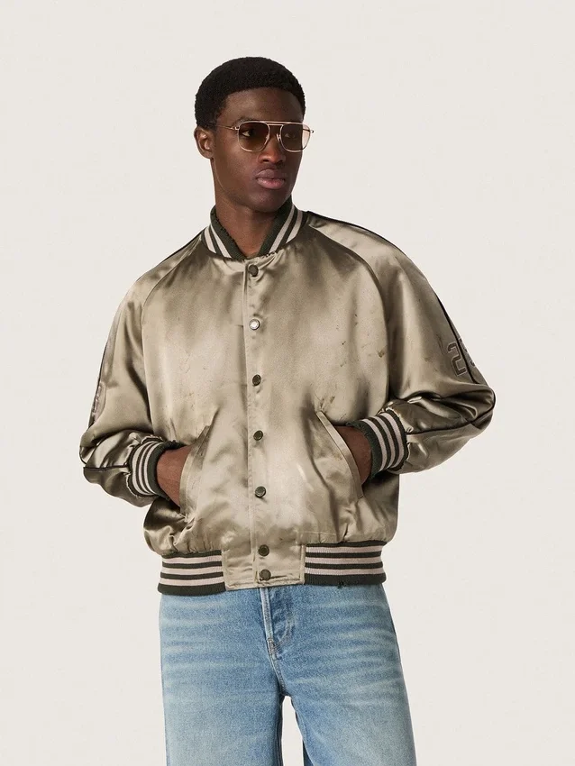 Unisex μπουφάν τύπου bomber από πράσινο σατέν με ραβδωτά τελειώματα και γιακά