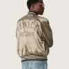 Unisex μπουφάν τύπου bomber από πράσινο σατέν με ραβδωτά τελειώματα και γιακά