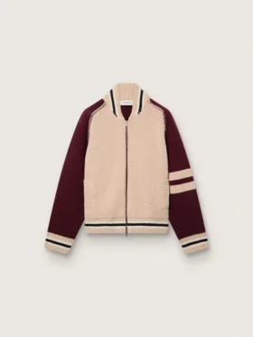 Unisex μπουφάν τύπου bomber σε λευκό και μπορντό πλεκτό ζακάρ